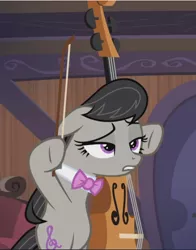 Size: 736x941 | Tagged: safe, derpibooru import, screencap, octavia melody, pony, slice of life (episode), bipedal, cello, cropped, disappointed, floppy ears, lidded eyes, musical instrument, slouching, solo