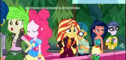 Size: 1280x614 | Tagged: safe, derpibooru import, screencap, cherry crash, desert sage, doodle bug, microchips, pinkie pie, sunset shimmer, equestria girls, equestria girls series, sunset's backstage pass!, spoiler:eqg series (season 2), clothes, crossed arms, female, geode of empathy, geode of sugar bombs, glasses, magical geodes, male, mobile phone, pants, phone, smartphone