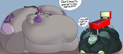 Size: 2700x1200 | Tagged: suggestive, artist:mad'n evil, derpibooru import, oc, oc:magna-save, oc:mai, gryphon, pony, unicorn, series:pinball gain, belly, big belly, blob, butt, chubby cheeks, clothes, dialogue, fat, fat fetish, fetish, huge belly, huge butt, immobile, impossibly large belly, impossibly large butt, jacket, large belly, large butt, obese, pinball, pinball machine, plot, rolls of fat, sitting, spread wings, the ass was fat, thighs, thunder thighs, wings