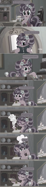 Size: 1336x5388 | Tagged: safe, derpibooru import, edit, edited screencap, screencap, petunia petals, earth pony, pony, rainbow roadtrip, bell, book, brochure, bust, chef's hat, comic, container, desaturated, dialogue, discovery family logo, female, flower, glasses, grayscale, hat, hotel, indoors, mare, monochrome, monologue, paintbrush, painting, palette, plates, screencap comic, solo, speech bubble, talking