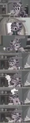 Size: 1336x5388 | Tagged: safe, derpibooru import, edit, edited screencap, screencap, petunia petals, earth pony, pony, rainbow roadtrip, bell, book, brochure, bust, chef's hat, comic, container, desaturated, dialogue, discovery family logo, female, flower, glasses, grayscale, hat, hotel, indoors, mare, monochrome, monologue, paintbrush, painting, palette, plates, screencap comic, solo, speech bubble, talking