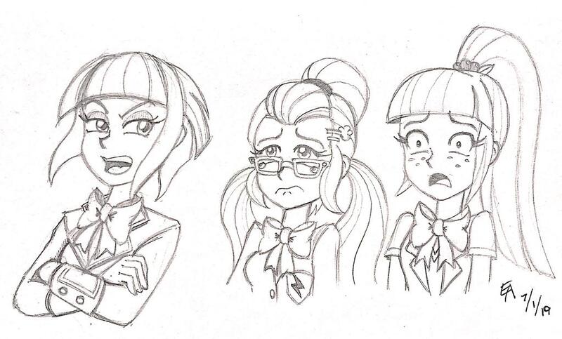 Size: 1024x618 | Tagged: safe, artist:mayorlight, derpibooru import, sour sweet, sugarcoat, sunny flare, equestria girls, twilight's sparkly sleepover surprise, about to cry, clothes, crossed arms, crystal prep academy uniform, monochrome, pencil drawing, sad, scene interpretation, school uniform, traditional art