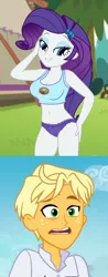 Size: 648x1652 | Tagged: suggestive, derpibooru import, edit, edited screencap, editor:ah96, screencap, ragamuffin (equestria girls), rarity, equestria girls, equestria girls series, legend of everfree, spring breakdown, spoiler:eqg series (season 2), bedroom eyes, belly button, breast edit, breasts, busty rarity, camp everfree logo, camp everfree outfits, cleavage, clothes, cropped, female, like what you see?, male, panties, purple underwear, rarimuffin, raripanty, reaction, sexy, shipping, solo, straight, stupid sexy rarity, underwear