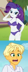 Size: 648x1652 | Tagged: suggestive, derpibooru import, edit, edited screencap, editor:ah96, screencap, ragamuffin (equestria girls), rarity, equestria girls, equestria girls series, legend of everfree, spring breakdown, spoiler:eqg series (season 2), bedroom eyes, belly button, bra, breast edit, breasts, busty rarity, cleavage, clothes, cropped, female, lingerarity, male, panties, purple underwear, rarimuffin, raripanty, reaction, sexy, shipping, solo, straight, stupid sexy rarity, underwear