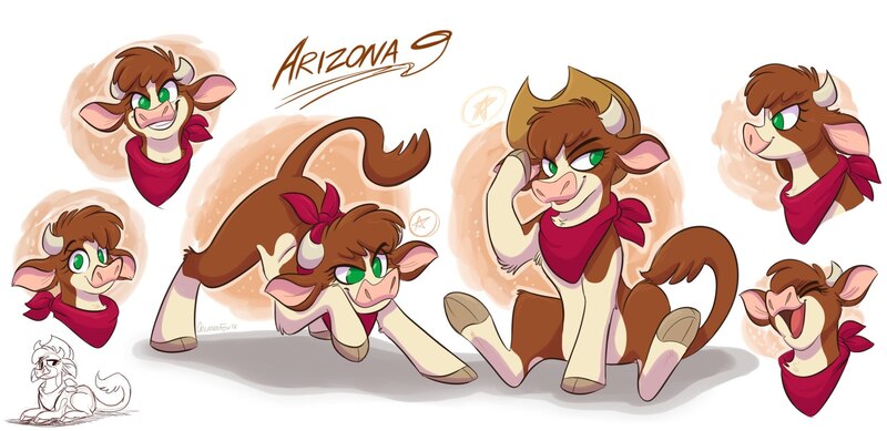 Size: 1972x960 | Tagged: arizona cow, artist:thedoggygal, bandana, cloven hooves, community related, cow, cowboy hat, derpibooru import, eyes closed, female, hat, looking at you, no pupils, open mouth, safe, sitting, smiling, solo, them's fightin' herds