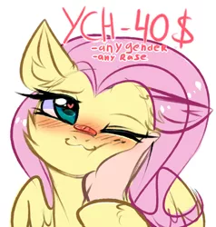 Size: 2696x2836 | Tagged: safe, artist:pesty_skillengton, derpibooru import, fluttershy, oc, human, pegasus, pony, ;3, advertisement, blushing, commission, cute, daaaaaaaaaaaw, hand, hand on cheek, heart eyes, human on pony petting, offscreen character, offscreen human, one eye closed, petting, shyabetes, weapons-grade cute, wingding eyes, ych example, your character here