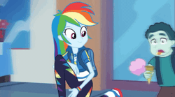 Size: 974x540 | Tagged: safe, derpibooru import, screencap, mint chip, rainbow dash, equestria girls, equestria girls series, run to break free, spoiler:eqg series (season 2), animated, background human, clothes, cute, dashabetes, dropped ice cream, food, geode of super speed, gif, ice cream, magical geodes, shoes, sneakers