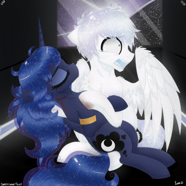 Size: 3000x3000 | Tagged: semi-grimdark, artist:darkest-lunar-flower, derpibooru import, princess luna, oc, oc:lux(pearle), pony, alternate universe, dying, planet, space, spaceship