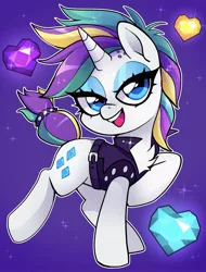 Size: 1366x1798 | Tagged: safe, artist:techycutie, derpibooru import, rarity, pony, unicorn, it isn't the mane thing about you, alternate hairstyle, bedroom eyes, chest fluff, clothes, cute, gemstones, heart, multicolored hair, punk, raribetes, raripunk, solo