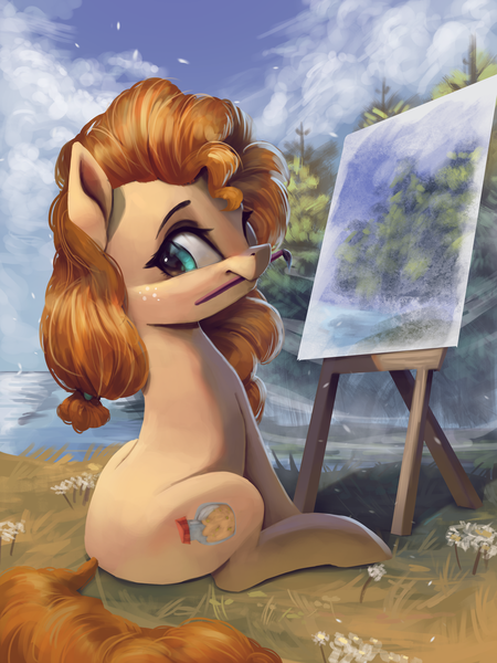 Size: 3000x4000 | Tagged: safe, artist:vanillaghosties, derpibooru import, pear butter, earth pony, pony, applejack's mom, atg 2019, brush, canvas, cute, female, freckles, grass, looking at you, mare, mouth hold, nature, newbie artist training grounds, outdoors, paintbrush, painting, scenery, sitting, solo, tree, water