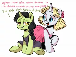 Size: 1600x1200 | Tagged: safe, artist:colorfulcolor233, derpibooru import, broomhilda, glinda (character), ponified, pony, unicorn, between dark and dawn, chest fluff, clothes, dialogue, dress, duo, duo female, elphaba, female, glinda, leg fluff, mare, wicked