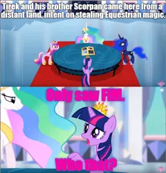 Size: 640x668 | Tagged: alicorn, derpibooru import, dragonball z abridged, edit, edited screencap, impact font, implied g1, meta, new phone who dis, princess cadance, princess celestia, princess luna, safe, screencap, team four star, teamfourstar, text, twilight's kingdom, twilight sparkle, twilight sparkle (alicorn)