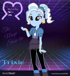 Size: 720x778 | Tagged: safe, artist:desireesamaniego, derpibooru import, trixie, equestria girls, 1986, 80's fashion, alternate hairstyle, boots, bracelet, clothes, ear piercing, earring, female, jewelry, leggings, pantyhose, piercing, ponytail, shoes, skirt