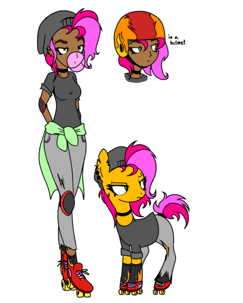 Size: 2000x2500 | Tagged: safe, artist:anyazen, artist:icey-wicey-1517, color edit, derpibooru import, edit, oc, oc:rock'n rolla, unofficial characters only, earth pony, human, pony, bubblegum, choker, clothes, collaboration, colored, dark skin, ear piercing, earring, elbow pads, eyebrow piercing, female, food, gum, helmet, humanized, humanized oc, jeans, jewelry, knee pads, lip piercing, makeup, mare, pants, piercing, roller skates, rollerblades, self paradox, self ponidox, shirt, shoes, simple background, socks, solo, t-shirt, tail wrap, torn clothes, transparent background