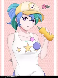 Size: 748x1000 | Tagged: safe, alternate version, artist:clouddg, derpibooru import, summer solstice (character), human, equestria girls, equestria girls series, five lines you need to stand in, spoiler:eqg series (season 2), alternate hairstyle, baseball cap, breasts, busty summer solstice, cap, cute, eyebrows visible through hair, female, food, hat, human coloration, looking at you, mustard, not celestia, sauce, signature, solo