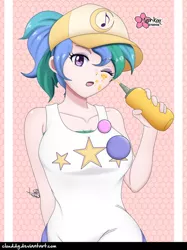 Size: 748x1000 | Tagged: safe, alternate version, artist:clouddg, derpibooru import, summer solstice (character), human, equestria girls, equestria girls series, five lines you need to stand in, spoiler:eqg series (season 2), alternate hairstyle, baseball cap, breasts, busty summer solstice, cap, cute, eyebrows visible through hair, female, food, food on face, hat, human coloration, looking at you, mustard, not celestia, one eye closed, sauce, signature, solo, wink