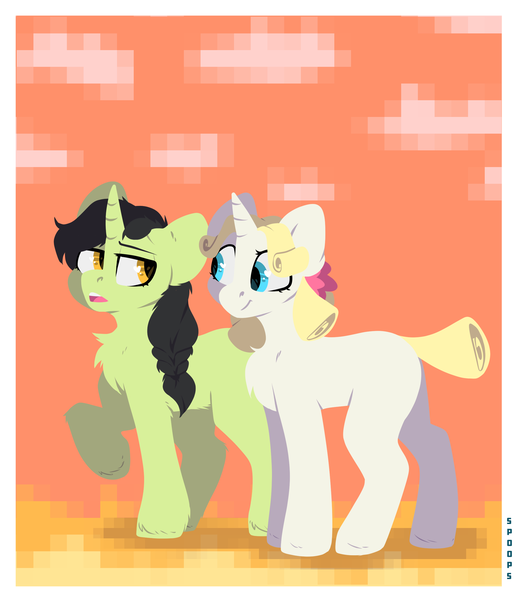 Size: 2196x2550 | Tagged: safe, artist:spoopygander, derpibooru import, broomhilda, glinda (character), pony, unicorn, braid, chest fluff, cute, elphaba, female, flower, glinda, lineless, mare, raised hoof, smiling, talking, wicked