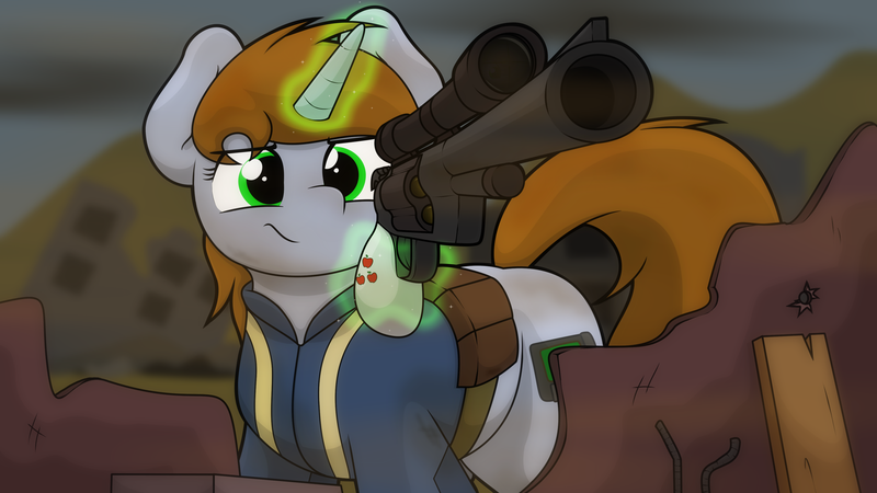 Size: 3840x2160 | Tagged: safe, artist:ljdamz1119, derpibooru import, oc, oc:littlepip, unofficial characters only, pony, unicorn, fallout equestria, fanfic, applejack's cutie mark, clothes, fanfic art, female, glowing horn, gun, handgun, horn, levitation, little macintosh, magic, mare, optical sight, revolver, solo, telekinesis, vault suit, weapon