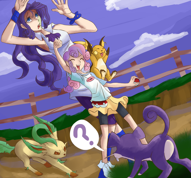 Size: 4200x3900 | Tagged: artist:fauxsquared, crossover, derpibooru import, fence, human, humanized, leafeon, nintendo, pokéball, pokémon, question mark, raichu, rarity, rattata, safe, skinny, sweetie belle, trixie is magic