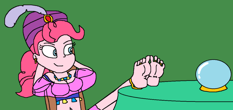 Size: 1166x551 | Tagged: suggestive, artist:logan jones, derpibooru import, pinkie pie, equestria girls, it's about time, anklet, barefoot, breasts, clothes, crystal ball, ear piercing, earring, equestria girls interpretation, feet, feet on table, fetish, foot fetish, foot focus, gypsy pie, image, jewelry, madame pinkie, necklace, piercing, png, scene interpretation, soles, this will end in tickles, toe rings, toes, turban