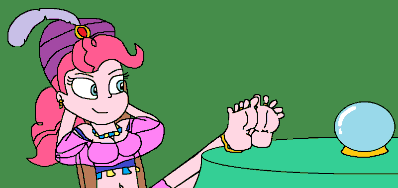 Size: 1166x551 | Tagged: suggestive, artist:logan jones, derpibooru import, pinkie pie, equestria girls, it's about time, animated, anklet, barefoot, breasts, clothes, crystal ball, ear piercing, earring, equestria girls interpretation, feet, feet on table, fetish, foot fetish, foot focus, gif, gypsy pie, image, jewelry, madame pinkie, nail polish, necklace, piercing, scene interpretation, scrunching, soles, spread toes, toe rings, toes, turban, wiggling toes