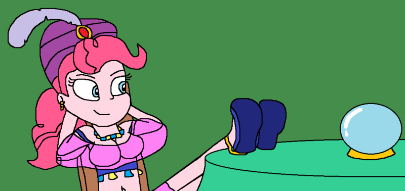 Size: 1166x551 | Tagged: safe, artist:logan jones, derpibooru import, pinkie pie, equestria girls, it's about time, anklet, clothes, crystal ball, ear piercing, earring, equestria girls interpretation, feet on table, flats, gypsy pie, image, jewelry, madame pinkie, necklace, piercing, png, scene interpretation, shoes, turban