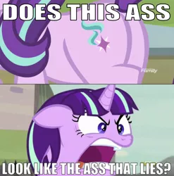 Size: 639x647 | Tagged: safe, derpibooru import, edit, edited screencap, editor:undeadponysoldier, screencap, starlight glimmer, pony, unicorn, comic:starlight's arctic adventure, the cutie map, the parent map, angry, ass, butt, caption, comic, discovery family logo, exploitable meme, female, flank, image macro, looking at you, mare, meme, open mouth, plot, quiet, ragelight glimmer, reference, screencap comic, talking to viewer, text, twilight's arctic adventure, vein bulge, vulgar, yelling
