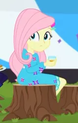 Size: 324x509 | Tagged: safe, derpibooru import, screencap, fluttershy, equestria girls, equestria girls series, sunset's backstage pass!, spoiler:eqg series (season 2), cropped, cute, juice, orange juice, shyabetes, tree stump