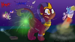 Size: 3840x2160 | Tagged: safe, artist:rupertbluefox, derpibooru import, sphinx (character), spike, starlight glimmer, trixie, dragon, pony, sphinx, unicorn, american flag, behaving like a cat, cape, clothes, female, firework from behind, fireworks, frightened, kitty sphinx, male, mare, meow, rocket, shrunken pupils, silly, sparkles, surprised, toy interpretation, trixie's cape, trixie's rocket, winged spike
