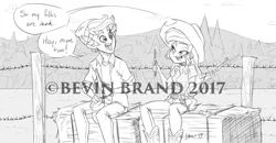 Size: 1280x665 | Tagged: safe, artist:bevin brand, deleted from derpibooru, derpibooru import, applejack, timber spruce, equestria girls, applejack's hat, cowboy hat, female, grimcute, hat, male, monochrome, my parents are dead, obtrusive watermark, official fan art, sketch, watermark