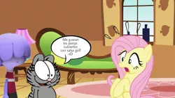 Size: 1024x576 | Tagged: safe, derpibooru import, fluttershy, cat, pegasus, pony, fluttershy's cottage, garfield, jelly jamm, nermal, ongo, op is on drugs, shocked, smiling