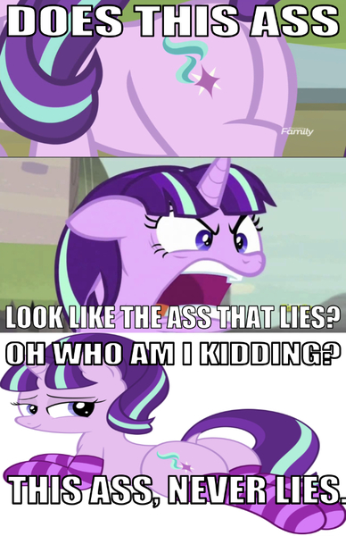 Size: 639x987 | Tagged: safe, artist:an-tonio, derpibooru import, edit, edited screencap, editor:undeadponysoldier, screencap, starlight glimmer, pony, unicorn, comic:starlight's arctic adventure, the cutie map, bedroom eyes, butt, clothes, dock, exploitable meme, female, looking at you, mare, meme, open mouth, plot, quiet, ragelight glimmer, reference, socks, stockings, striped socks, stupid sexy starlight glimmer, talking to viewer, the ass was fat, thigh highs, twilight's arctic adventure, wrong aspect ratio