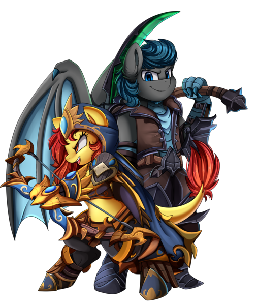 Size: 2550x3009 | Tagged: safe, artist:pridark, derpibooru import, oc, unofficial characters only, dracony, dragon, hybrid, pony, armor, arrow, badass, bipedal, bow (weapon), bow and arrow, commission, couple, female, heroes of the storm, male, mare, midriff, necromancer, simple background, smiling, stallion, transparent background, weapon