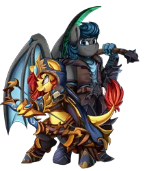 Size: 2550x3009 | Tagged: safe, artist:pridark, derpibooru import, oc, unofficial characters only, dracony, dragon, hybrid, pony, armor, arrow, badass, bipedal, bow (weapon), bow and arrow, commission, couple, female, heroes of the storm, male, mare, midriff, necromancer, simple background, smiling, stallion, transparent background, weapon