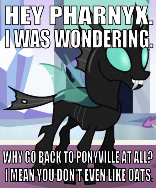 Size: 641x774 | Tagged: a bug's life, caption, changeling, crystal empire, derpibooru import, dragon, edit, edited screencap, editor:undeadponysoldier, fangs, image macro, implied pharynx, male, misspelling, reference, safe, screencap, smiling, spike, text, the times they are a changeling, thorax