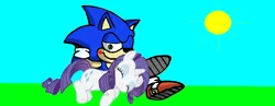 Size: 1280x498 | Tagged: safe, derpibooru import, rarity, unicorn, 1000 hours in ms paint, blushing, crossed legs, crossover, cute, one eye open, relaxing, sky, sleeping, sonic the hedgehog (series), sun