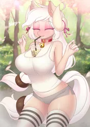 Size: 919x1300 | Tagged: suggestive, alternate version, artist:lonelycross, derpibooru import, oc, oc:champagne supernova, anthro, earth pony, ^^, anthro oc, beads, big breasts, booty shorts, breasts, bubble tea, chubby, clothes, explicit source, eyes closed, female, freckles, hands-free bubble tea challenge, horns, nail polish, park, ribbon, shorts, sipping, smiling, socks, solo, tanktop, thigh highs