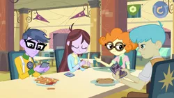 Size: 1920x1080 | Tagged: safe, derpibooru import, screencap, bright idea, microchips, scribble dee, velvet sky, equestria girls, equestria girls (movie), background human, cafeteria, clothes, female, food, french fries, glasses, hot dog, male, meat, mobile phone, phone, sandwich, sausage, smartphone