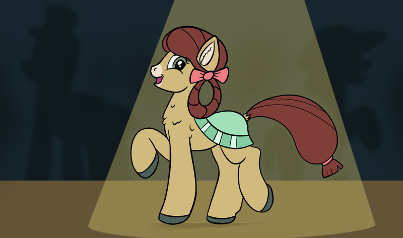 Size: 1100x650 | Tagged: safe, artist:redquoz, derpibooru import, yona, ponified, earth pony, pony, she's all yak, atg 2019, bow, cute, dancing, dark background, hair bow, newbie artist training grounds, pony cotillion, pony yona, raised hoof, smiling, species swap, spotlight, yonadorable