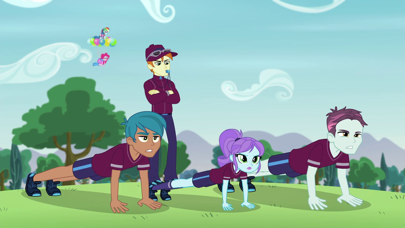 Size: 1280x720 | Tagged: safe, derpibooru import, screencap, carlos thunderbolt, coach rommel, crystal lullaby, pinkie pie, rainbow dash, track starr, equestria girls, pinkie spy (short), background human, balloon, cap, clothes, female, hat, legs, male, push-ups, shoes, shorts, sky