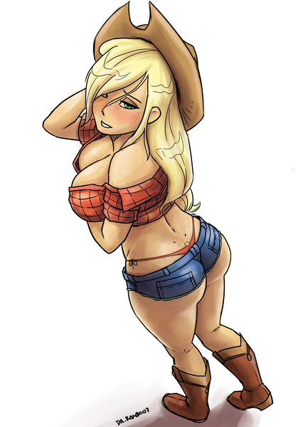 Size: 1240x1748 | Tagged: applebutt, applejack, applejack's hat, arm behind head, artist:rambon7, ass, blushing, boots, breasts, busty applejack, butt, cleavage, clothes, cowboy boots, cowboy hat, daisy dukes, derpibooru import, dimples of venus, downblouse, female, freckles, hat, human, humanized, looking at you, looking back, looking back at you, looking over shoulder, midriff, panties, shoes, shorts, solo, stupid sexy applejack, suggestive, thong, underwear, wedgie, wet, whale tail