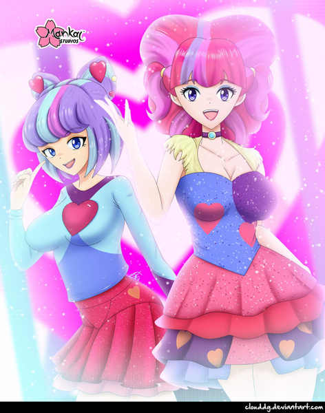 Size: 994x1263 | Tagged: safe, alternate version, artist:clouddg, derpibooru import, kiwi lollipop, supernova zap, human, equestria girls, equestria girls series, sunset's backstage pass!, spoiler:eqg series (season 2), breasts, busty kiwi lollipop, busty supernova zap, cleavage, clothes, dress, human coloration, k-lo, looking at you, miniskirt, nail polish, open mouth, pleated skirt, postcrush, sexy, signature, skirt, su-z
