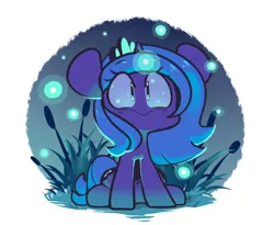 Size: 1102x903 | Tagged: safe, artist:sourspot, derpibooru import, princess luna, alicorn, firefly (insect), insect, pony, bulrush, cattails, chibi, crown, cute, female, filly, jewelry, lunabetes, mare, night, no nose, regalia, sitting, solo, woona, younger