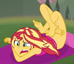 Size: 706x613 | Tagged: suggestive, derpibooru import, edit, edited screencap, screencap, sunset shimmer, equestria girls, equestria girls series, wake up!, spoiler:choose your own ending (season 2), spoiler:eqg series (season 2), ass, barefoot, bottomless, bunset shimmer, butt, clothes, feet, female, partial nudity, solo, solo female, tangled up, wake up!: rainbow dash, yoga, yoga mat