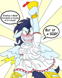 Size: 1700x2125 | Tagged: safe, artist:blackbewhite2k7, derpibooru import, soarin', pegasus, pony, alcohol, batman, bipedal, clothes, crossover, drunk, male, maxie zeus, solo, stallion, thunder bolt, toga, wine