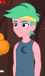 Size: 379x642 | Tagged: safe, derpibooru import, screencap, lemon zack, equestria girls, equestria girls series, five lines you need to stand in, spoiler:eqg series (season 2), background human, bare arms, clothes, cropped, smiling, solo