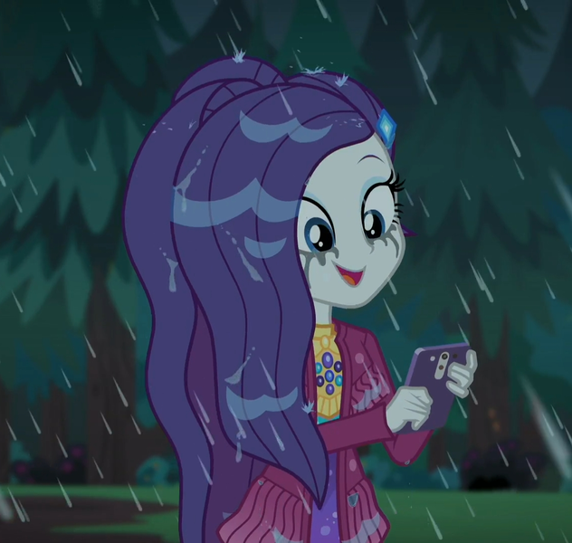 Size: 1138x1080 | Tagged: safe, derpibooru import, screencap, rarity, equestria girls, equestria girls series, inclement leather, spoiler:choose your own ending (season 2), spoiler:eqg series (season 2), clothes, cropped, cute, hashtag rain hair don't care, inclement leather: vignette valencia, jacket, makeup, mascara, mascarity, mobile phone, outdoors, phone, rain, raribetes, running makeup, smartphone, smiling, suede jacket, wet, wet hair, wet hairity