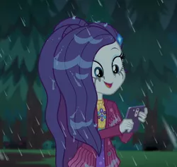 Size: 1138x1080 | Tagged: safe, derpibooru import, screencap, rarity, equestria girls, equestria girls series, inclement leather, spoiler:choose your own ending (season 2), spoiler:eqg series (season 2), clothes, cropped, cute, hashtag rain hair don't care, inclement leather: vignette valencia, jacket, makeup, mascara, mascarity, mobile phone, outdoors, phone, rain, raribetes, running makeup, smartphone, smiling, suede jacket, wet, wet hair, wet hairity