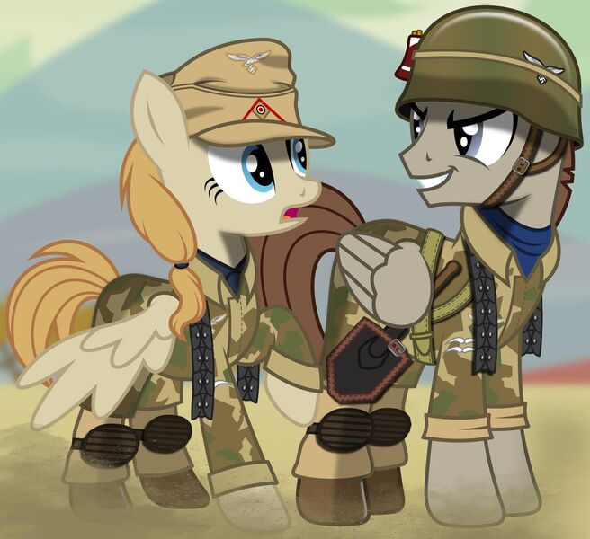 Size: 1024x936 | Tagged: safe, artist:brony-works, derpibooru import, pegasus, pony, bandolier, cap, cigarette pack, clothes, dust, fallschirmjäger, fatigues, female, grin, hat, helmet, knee pads, looking at each other, luftwaffe, male, mare, nazi, nazi germany, paratrooper, smiling, spade, stallion, uniform, vector, world war ii