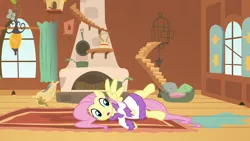 Size: 1280x720 | Tagged: safe, derpibooru import, screencap, fluttershy, pony, hurricane fluttershy, bathrobe, clothes, fluttershy's cottage, robe, solo